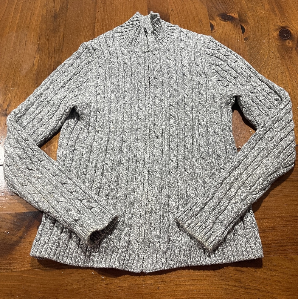 LL BEAN Womens Cozy Grey Cotton Chunky Cable Knit Full Zip Up Sweater Size Small